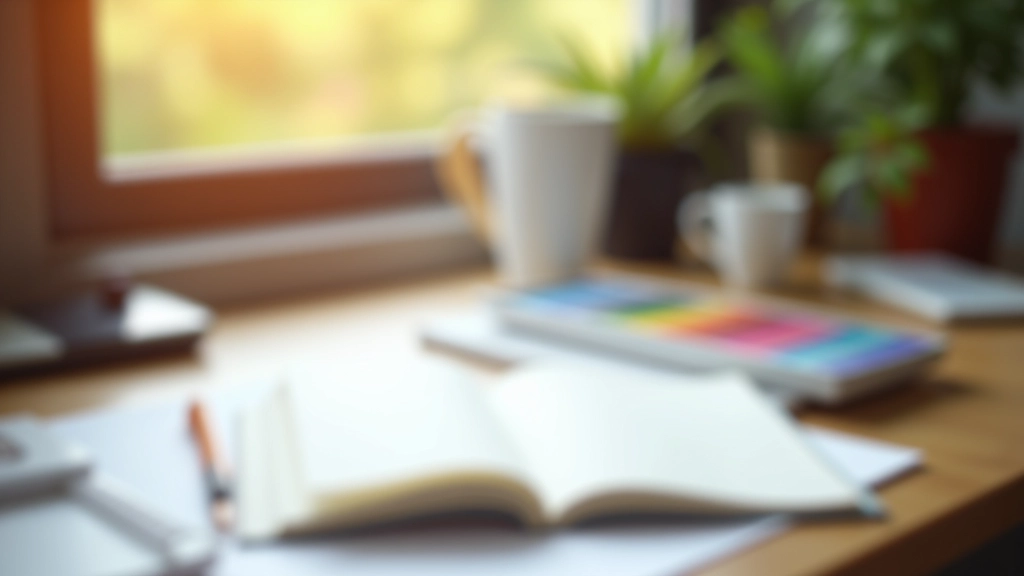 Bureau organisé avec bloc-notes, stylos et café, surface de travail bien structurée